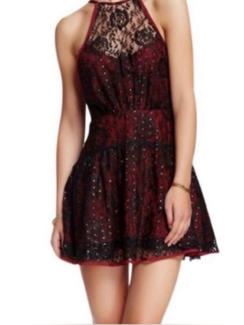 Free People Burgundy Mini Dress with Black Lace
